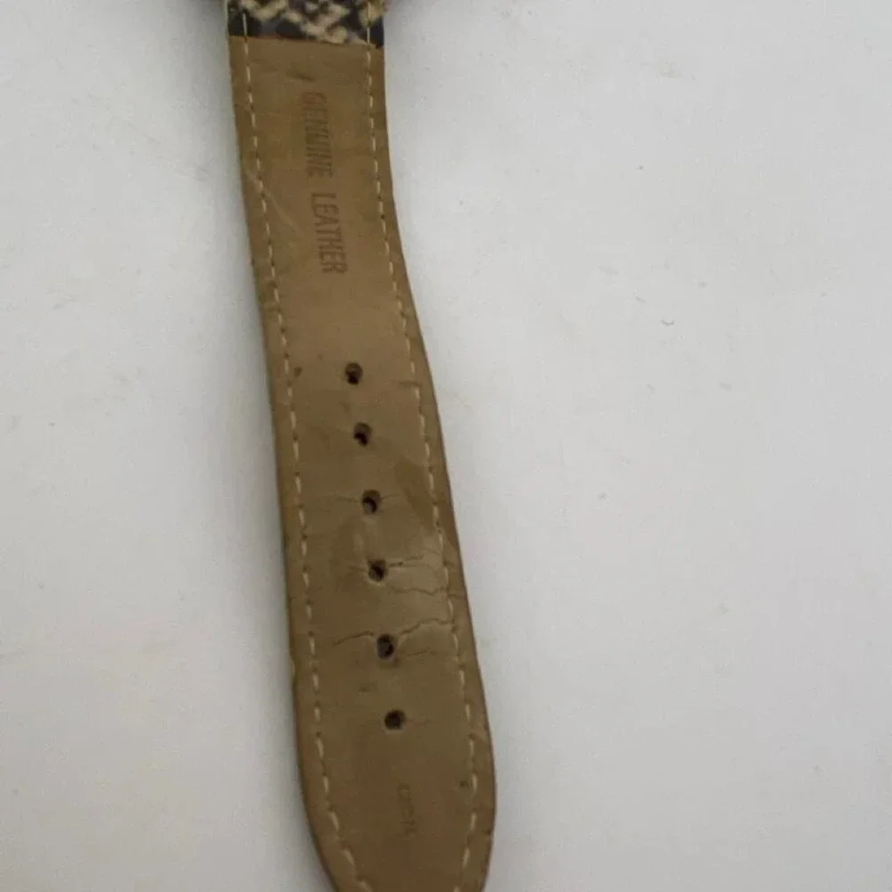 CHICO’S Women's Quartz Watch with Beige Snake-Print Leather Strap. It has a styl